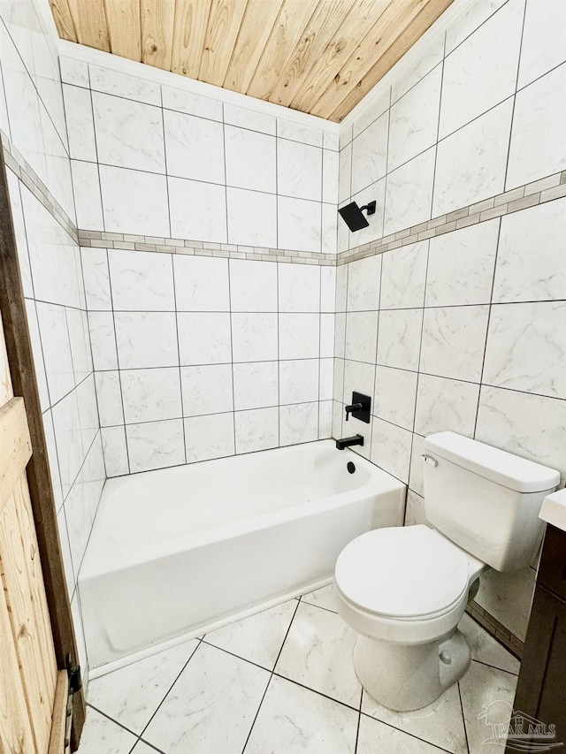 full bathroom featuring shower / bathtub combination, wood ceiling, vanity, tile walls, and toilet