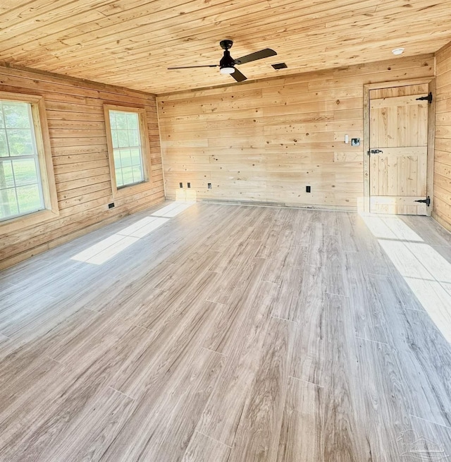 empty room featuring wooden walls, light hardwood / wood-style flooring, and a healthy amount of sunlight