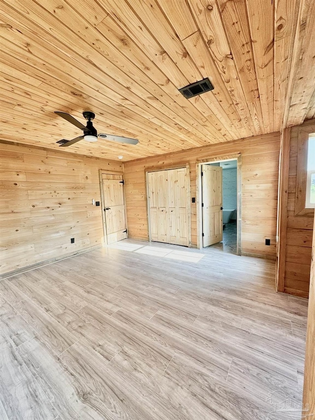 empty room featuring light wood-type flooring, ceiling fan, wooden ceiling, and wood walls