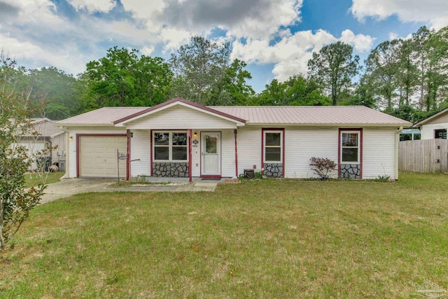 7035 Moore Ave, Pensacola, FL 32526 - single story home with metal roof, fence, an attached garage, and a front lawn