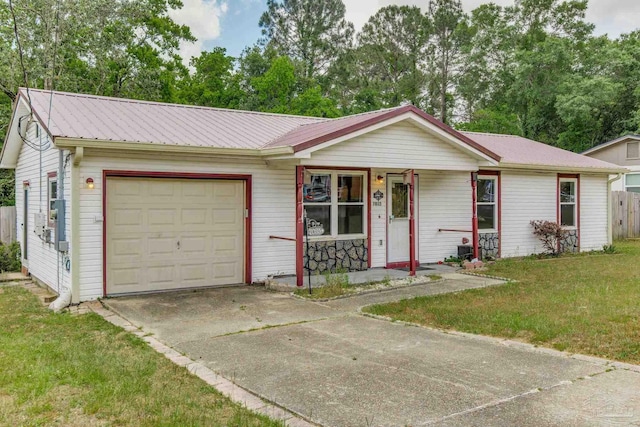7035 Moore Ave, Pensacola, FL 32526 - ranch-style home with covered porch, a garage, metal roof, a front yard, and driveway