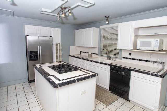 kitchen featuring tile countertops, black appliances, white cabinets, and a kitchen island