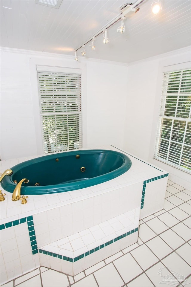 miscellaneous room featuring tile patterned flooring, crown molding, and a jacuzzi