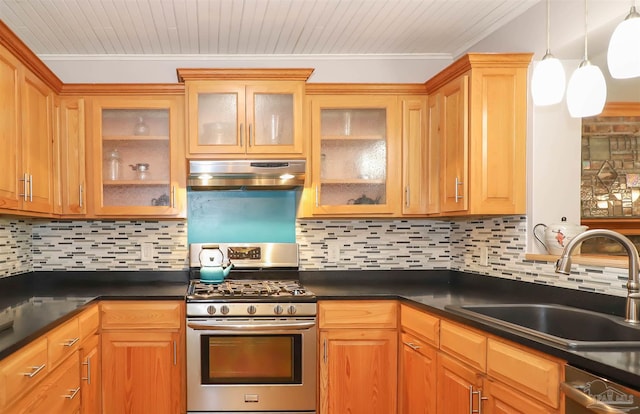 1609 N Spring St, Pensacola, FL 32501 - kitchen with under cabinet range hood, appliances with stainless steel finishes, a sink, dark countertops, and crown molding