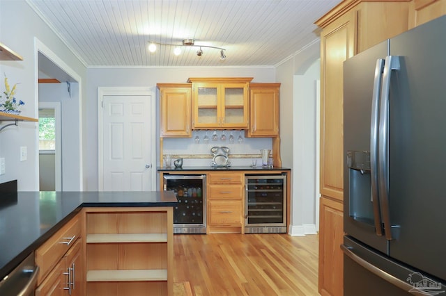 1609 N Spring St, Pensacola, FL 32501 - kitchen with stainless steel fridge with ice dispenser, wine cooler, open shelves, crown molding, and wooden ceiling