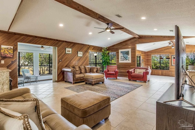 living room featuring a textured ceiling, a healthy amount of sunlight, and wood walls