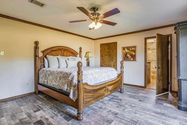 bedroom with ensuite bath, a textured ceiling, ceiling fan, crown molding, and hardwood / wood-style flooring