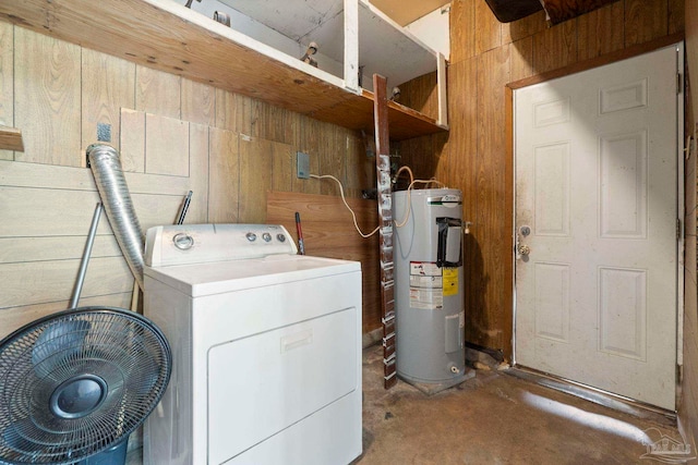 401 Ronda St, Pensacola, FL 32534 - laundry room with washer / clothes dryer, electric water heater, and wood walls