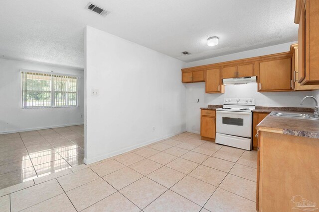 401 Ronda St, Pensacola, FL 32534 - kitchen with electric range, a sink, under cabinet range hood, a textured ceiling, and brown cabinets