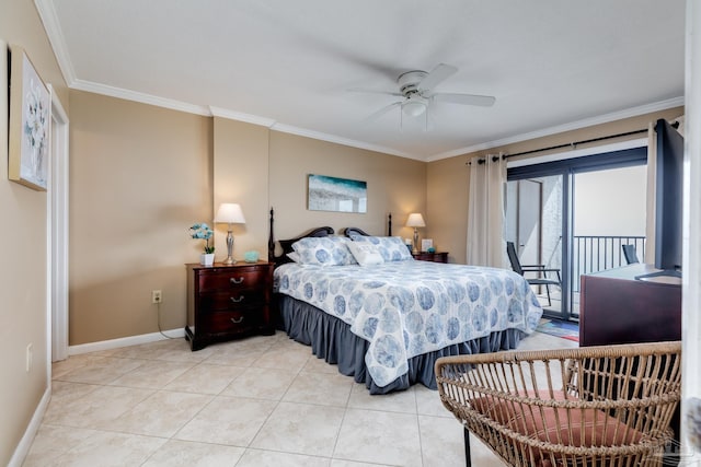 13817 Perdido Key Dr Unit 703, Pensacola, FL 32507 - bedroom with crown molding, ceiling fan, light tile patterned flooring, and access to outside