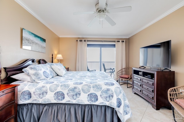 13817 Perdido Key Dr Unit 703, Pensacola, FL 32507 - bedroom featuring access to exterior, ornamental molding, ceiling fan, and light tile patterned flooring