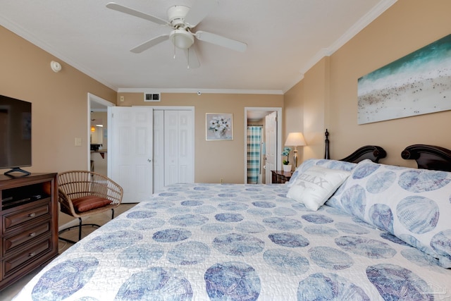 13817 Perdido Key Dr Unit 703, Pensacola, FL 32507 - bedroom with crown molding, ceiling fan, and a closet