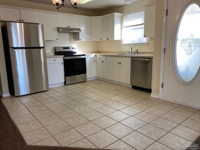 kitchen with white cabinetry, appliances with stainless steel finishes, sink, and a chandelier