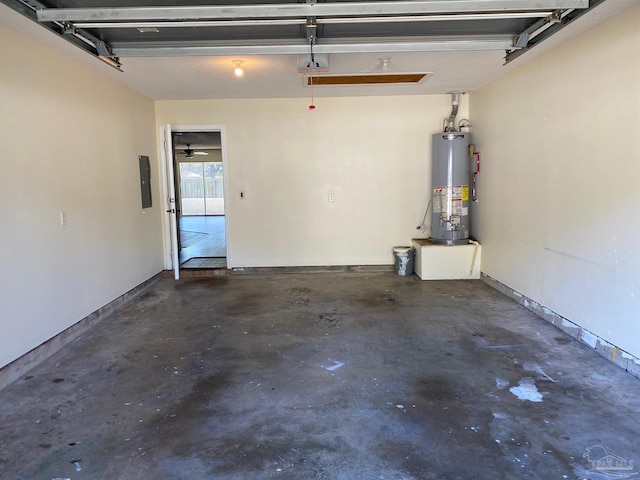 garage with electric panel and water heater