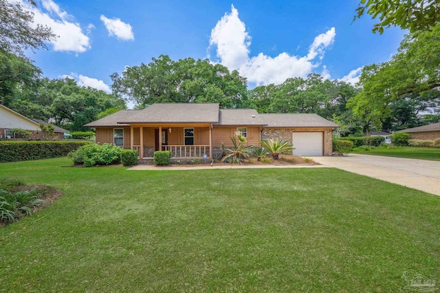 ranch-style house with covered porch, an attached garage, driveway, and a front yard
