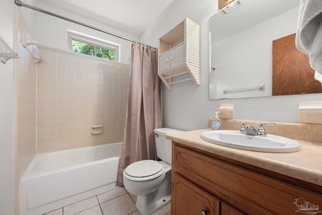 full bathroom with tile patterned flooring, shower / bath combination with curtain, toilet, and vanity