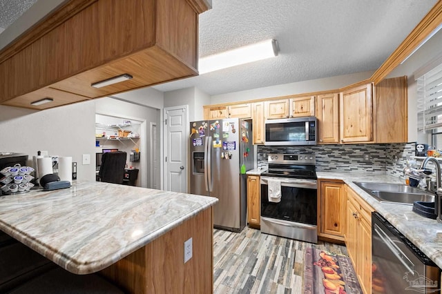 5590 Meadow Creek Pl, Gulf Breeze, FL 32563 - kitchen featuring stainless steel appliances, a peninsula, light countertops, light wood-style floors, and backsplash