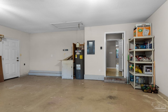 garage with water heater and electric panel