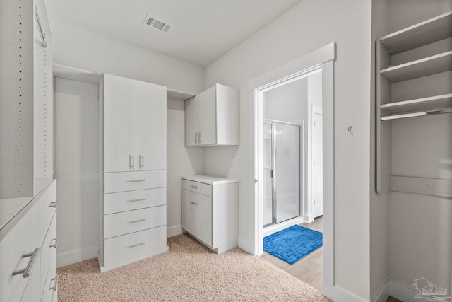 walk in closet featuring light carpet