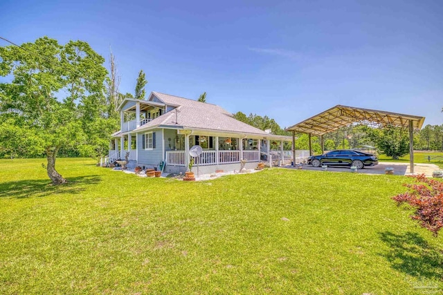 back of house featuring a porch, a lawn, and a carport