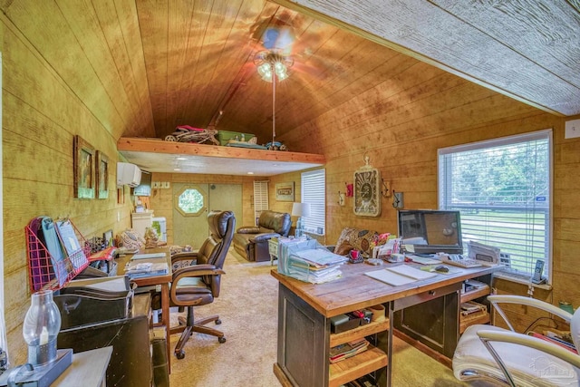 carpeted office featuring wood walls and wood ceiling