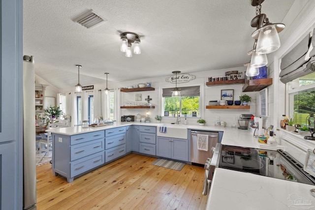 kitchen featuring light hardwood / wood-style floors, dishwasher, a healthy amount of sunlight, and hanging light fixtures