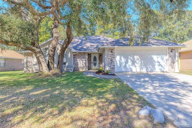 ranch-style house with a front yard and a garage