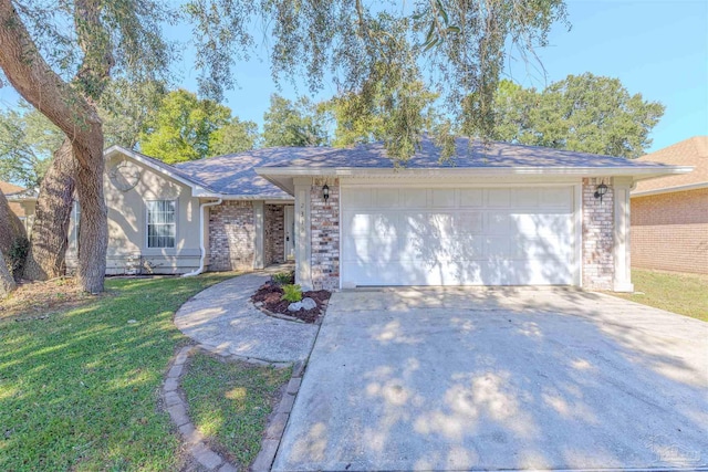 ranch-style home with a garage and a front lawn