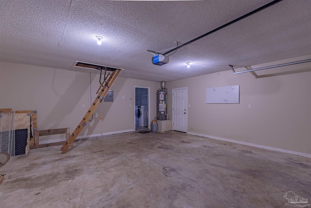 garage with electric panel, washer / clothes dryer, a garage door opener, and water heater