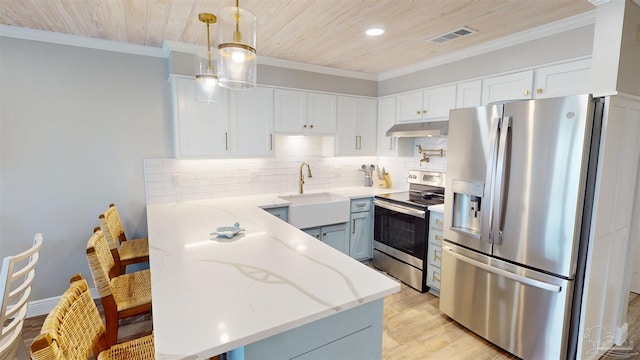 kitchen with white cabinets, pendant lighting, sink, stainless steel appliances, and light hardwood / wood-style floors