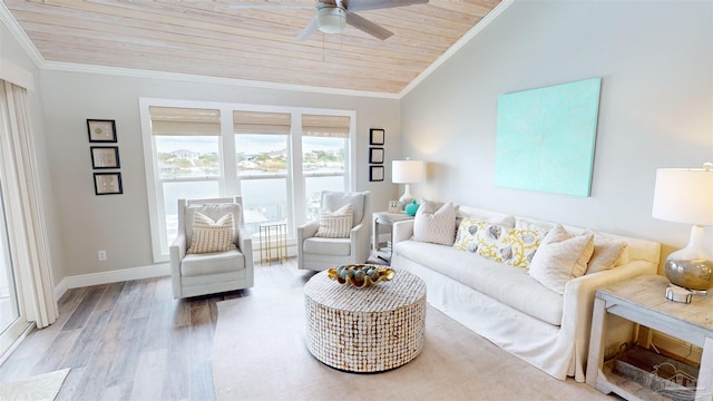 living room featuring wooden ceiling, lofted ceiling, hardwood / wood-style floors, and ceiling fan