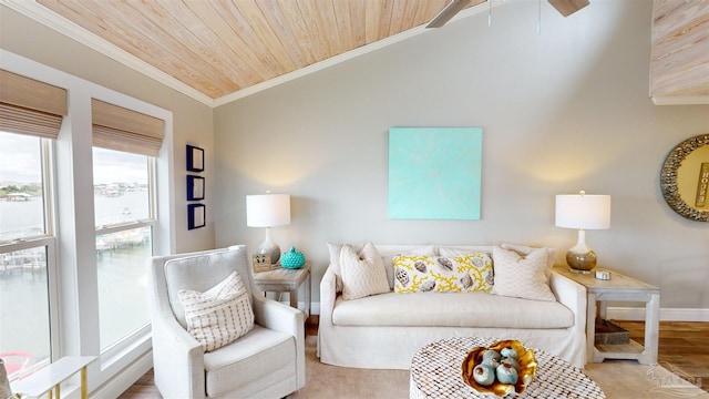 living room with vaulted ceiling, wood ceiling, ornamental molding, and light hardwood / wood-style flooring