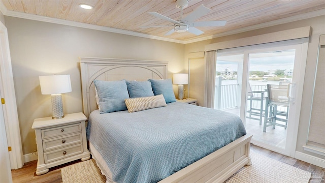 bedroom with access to outside, wood ceiling, ceiling fan, and light hardwood / wood-style flooring