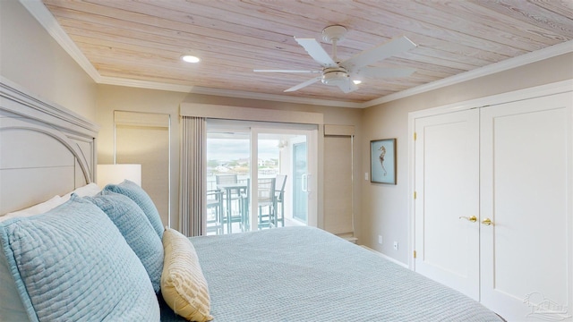 bedroom with access to outside, wood ceiling, crown molding, and ceiling fan