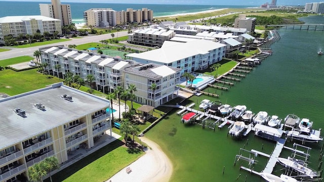 bird's eye view with a water view