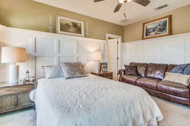 bedroom featuring ceiling fan and carpet floors