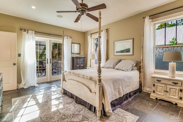 bedroom with access to outside, ceiling fan, and french doors