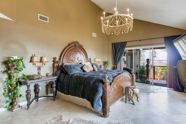 4552 Bayside Dr, Milton, FL 32583 - tiled bedroom featuring a notable chandelier, visible vents, vaulted ceiling, and access to outside
