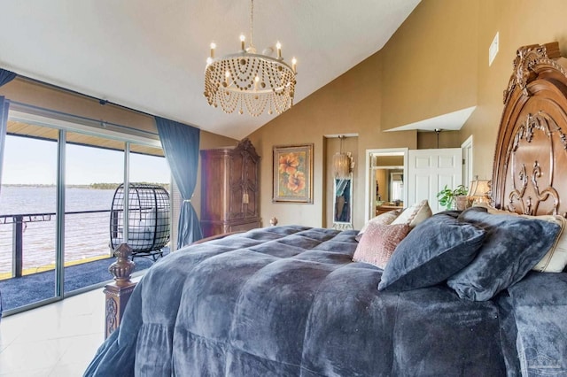 4552 Bayside Dr, Milton, FL 32583 - bedroom featuring access to exterior, a notable chandelier, a water view, and high vaulted ceiling