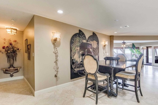 4552 Bayside Dr, Milton, FL 32583 - dining room featuring visible vents, recessed lighting, a ceiling fan, and baseboards