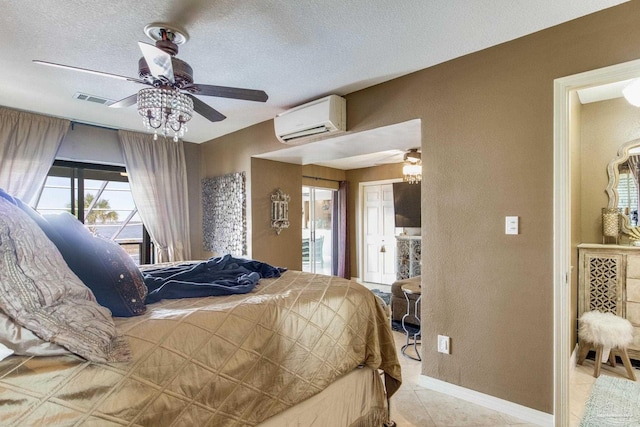 4552 Bayside Dr, Milton, FL 32583 - bedroom with a wall unit AC, baseboards, visible vents, tile patterned flooring, and a textured ceiling