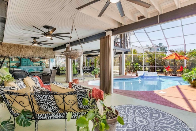 4552 Bayside Dr, Milton, FL 32583 - pool with glass enclosure, outdoor dining space, a ceiling fan, outdoor lounge area, and a patio area