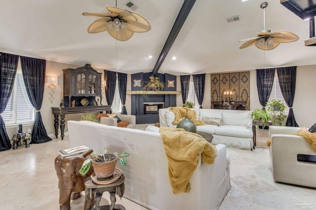 4552 Bayside Dr, Milton, FL 32583 - living area featuring beamed ceiling, visible vents, and ceiling fan