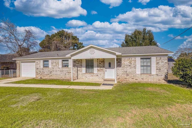 single story home featuring a front lawn, a porch, and a garage