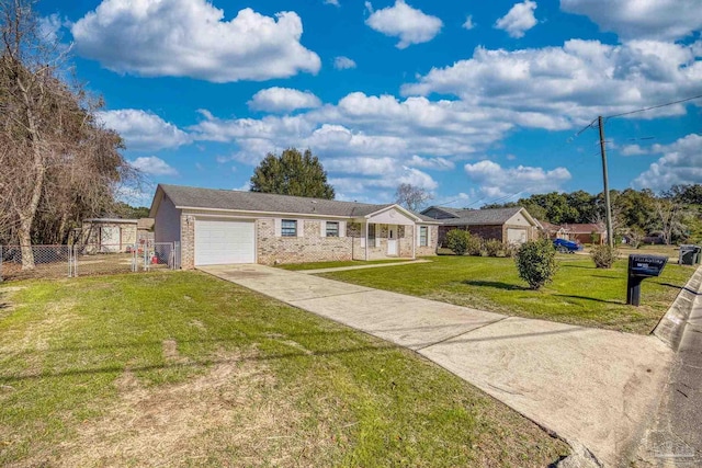 single story home featuring a front lawn and a garage