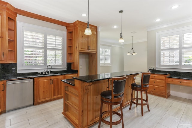 kitchen featuring open shelves, a healthy amount of sunlight, stainless steel dishwasher, a sink, and a center island
