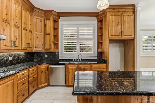 kitchen with open shelves, a sink, dark stone counters, decorative backsplash, and appliances with stainless steel finishes