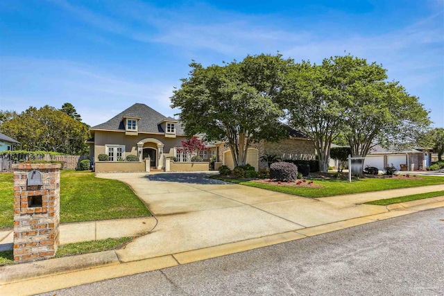 view of front facade featuring fence, a front lawn, driveway, and stucco siding