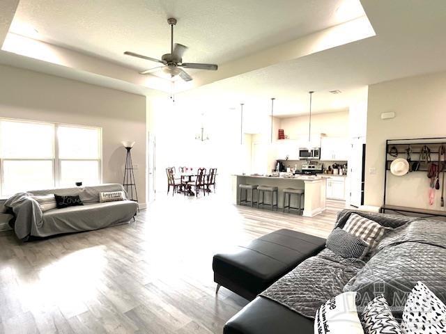 living room featuring a tray ceiling, wood-type flooring, and ceiling fan