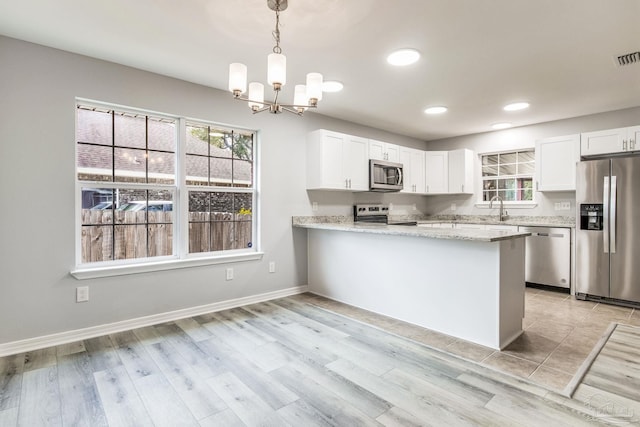 kitchen featuring decorative light fixtures, stainless steel appliances, kitchen peninsula, and white cabinets